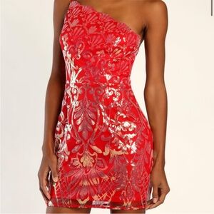Lulu's Red and Gold One-Shoulder Dress